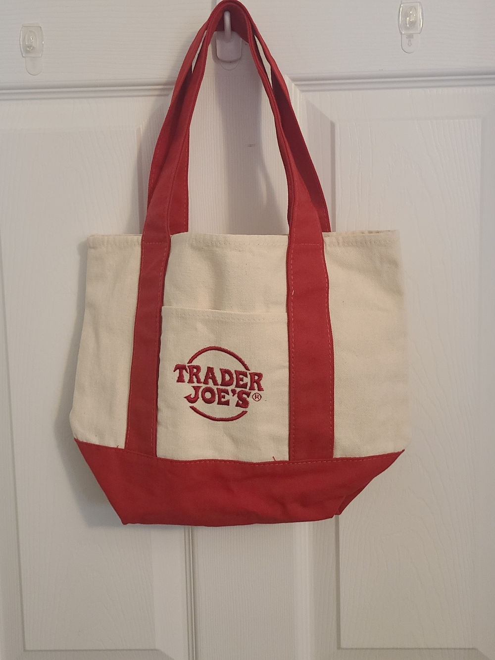 Trader Joe's Cream and Red Canvas Tote Bag